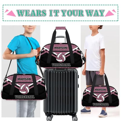 Custom Name Sports Volleyball Bag, Water Pink Glittering with Black | Gym Bag Sports Travel Duffle Bag Tote Carry On Weekend Sports Travel Bag - color: Pink Black
