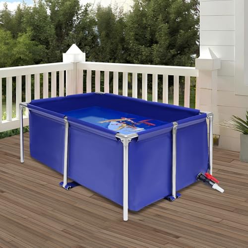 Canvas Fish Pond Foldable Fish Pond Aquarium Fish Tank Above Ground, 47.2" W x 31.4" D x 19.6" H, Portable Blue Koi Breeding Pond with Drain Valve, Small Goldfish Pool Indoor Outdoor