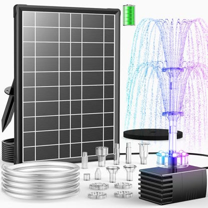 8W Solar Fountain Pump Built-in 3600mAh Battery & LED Lights, Solar Powered Water Pump with Double-Layer Nozzle & 5ft Tubing, Solar Water Fountain For Bird Bath Pond Garden DIY Water Features - size: 8W
