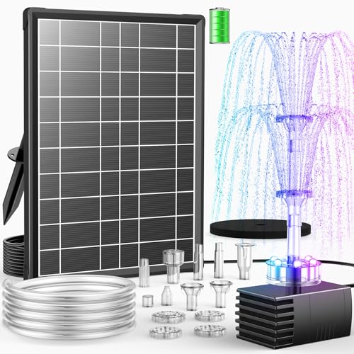 8W Solar Fountain Pump Built-in 3600mAh Battery & LED Lights, Solar Powered Water Pump with Double-Layer Nozzle & 5ft Tubing, Solar Water Fountain For Bird Bath Pond Garden DIY Water Features - size: 8W