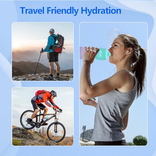 Bike Water Bottle, Squeeze Water Bottle Leakproof BPA Free 24oz | with Capacity Scale w/Pull Top Lid, Reusable, for Bicycle, Gym,Camping, Hiking - color: Green pink
