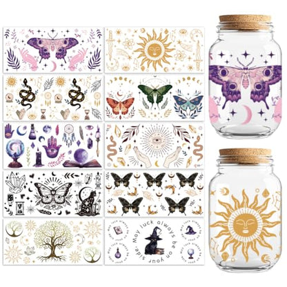 UV DTF Cup Wraps Transfer Stickers Bohemian Divination Pattern, 10 Sheets Waterproof Custom Vinyl Transfer Sticker 16oz Coffee Glass Cup Tumbler Bottle Mug Decals for Men Women - style: Bohemian Divination