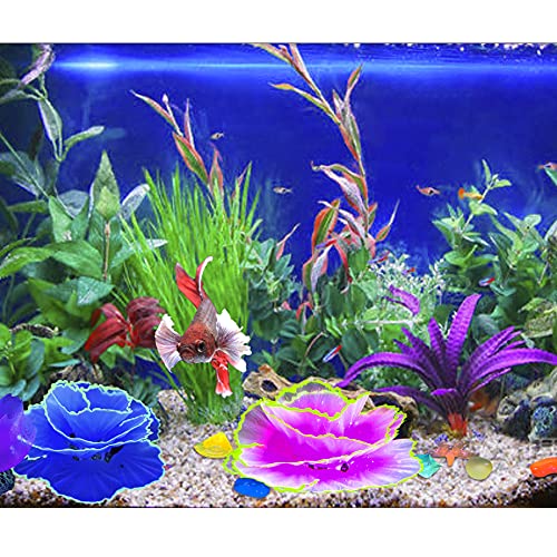 Glowing Fish Tank Decorations Glow Aquarium Decor Coral Ornaments, 2pcs Silicone Flower Plants and 10pcs Colourful Sea Shells/Luminous Stone Glow in The Dark for Aquarium Decoration