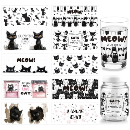 Arricraft 10 Sheets Black Cat UV DTF Cup Wrap for 16OZ Glass, You Need is Love and a Cat Rub on Decals Cartoon Animal Transfer Stickers for DIY Bottles Food Container Women