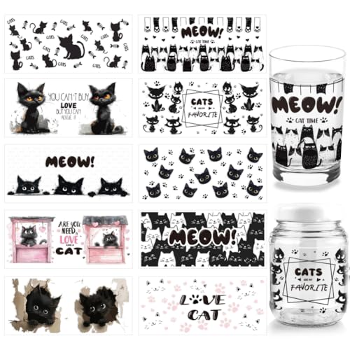 Arricraft 10 Sheets Black Cat UV DTF Cup Wrap for 16OZ Glass, You Need is Love and a Cat Rub on Decals Cartoon Animal Transfer Stickers for DIY Bottles Food Container Women
