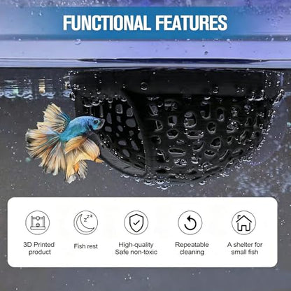 Black Multi-Functional Betta Hammock Feeding Bed, Floating or Suction Cup Mount, Adjustable Resting Spot & Hideout, for Betta Fish & Shrimp