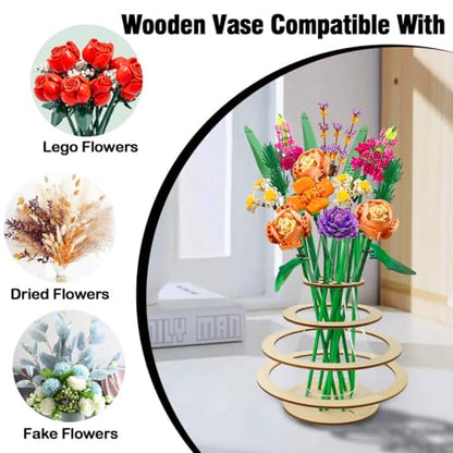 Wooden Vase for Lego Flowers - Floating Rings Vase for Lego Flower Bouquet Building Set - Display Stand for Lego Roses Cherry Blossom Sunflower Tulips Daffodils Lotus