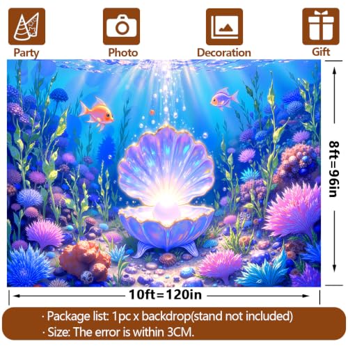 10x8ft DewPrint Underwater Backdrop for Under the Sea Party Decorations, Mermaid Ocean Scene with Giant Shell & Pearl, Coral Reef Fish Aquarium Background for Photography Kids Birthday Baby Shower - size: 10x8 FT