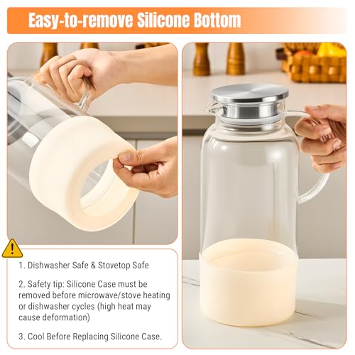 PARACITY Water Jug Water Pitcher with Silicone Base 61oz/ 1.8L, Hot& Cold Glass Pitcher with Lid and Handle, Glass Carafe with Lid for Coffee, Juice, Lemonade and Milk (Off-white base)