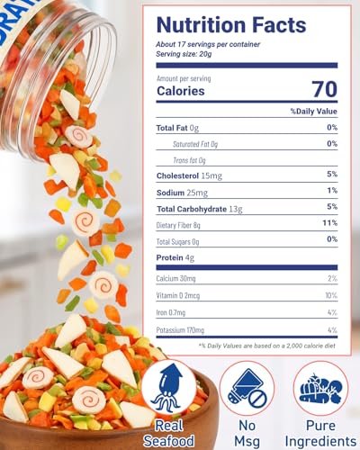 Dried Ramen Toppings 11 Mix Seafood & Veggies - Real Squid, Shrimp, Fish Cake & Goji Berry, Low Fat, No Added MSG, 12.35 oz Resealable Jar for Instant Ramen, Soups, Rice