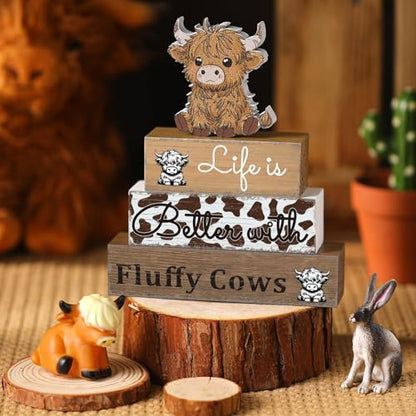 4 Pcs Highland Cow Table Decorations Cow Wooden Signs Rustic Tiered Tray Decor Western Tabletop Centerpieces Farmhouse Highland Decor for Home Desk Room Kitchen Shelf - style: Cattle