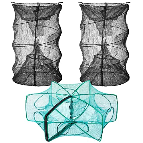 3 Pcs Minnow Trap, Include 2 Fishing Bait Trap 1 Cylindrical Hexagon Crab Crawfish Trap, Lobster Shrimp Collapsible Cast Nets Portable Folded Fishing Accessories,12x21.65 Inches