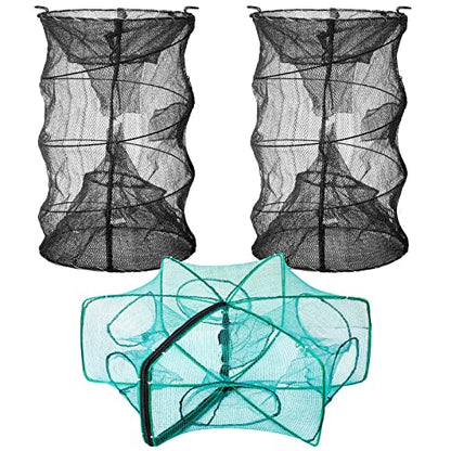 3 Pcs Minnow Trap, Include 2 Fishing Bait Trap 1 Cylindrical Hexagon Crab Crawfish Trap, Lobster Shrimp Collapsible Cast Nets Portable Folded Fishing Accessories,12x21.65 Inches