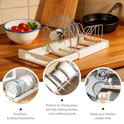 Pot Lids Organizer Rack for Cabinet and Countertop - 8+ Pan Lids and Bakeware Organizer Rack Holder, Expandable 13" to 22" with 8 Dividers, Base for Lids, Bakeware, Cookware Storage, Dark Grey