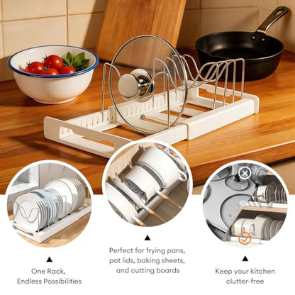 Pot Lids Organizer Rack for Cabinet and Countertop - 8+ Pan Lids and Bakeware Organizer Rack Holder, Expandable 13" to 22" with 8 Dividers, Base for Lids, Bakeware, Cookware Storage, Dark Grey