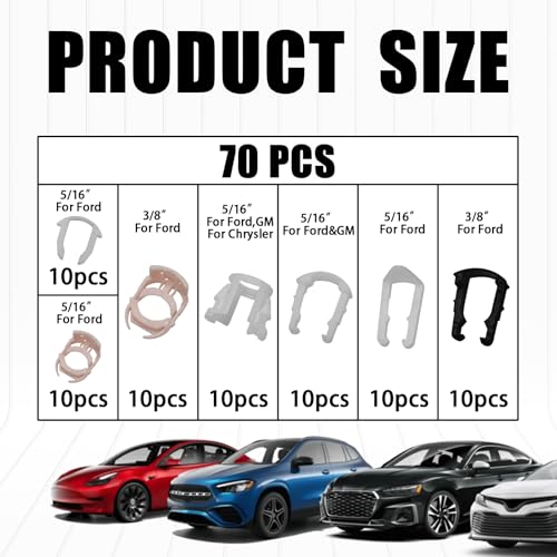 70PCS Car Fuel Line Clips, 3/8" 5/16" Durable Fuels Hose Retainer Clips, 7 Size Nylon Fuel Line Repair Kit, Auto Retainer Clip Replacement Kit Compatible with Ford GM Chrysler