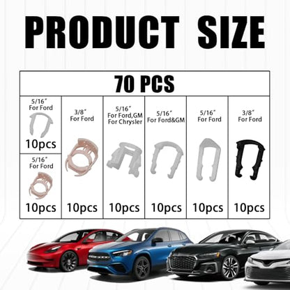 70PCS Car Fuel Line Clips, 3/8" 5/16" Durable Fuels Hose Retainer Clips, 7 Size Nylon Fuel Line Repair Kit, Auto Retainer Clip Replacement Kit Compatible with Ford GM Chrysler