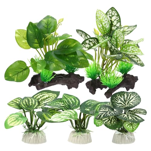 Aquarium Plastic Plants, Driftwood Betta Silk Plants, Silk Plants Aquarium Set Decorations, Silk Aquarium Plants for Betta Fish (Green, 5pcs)