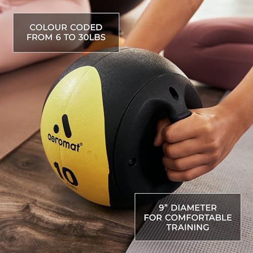 AEROMAT Dual Grip Power Medicine Balls for Abdominal Training and Rotational Movements - 9" Diameter - Weights Color-Coded - style: 16 lbs - Black/Purple