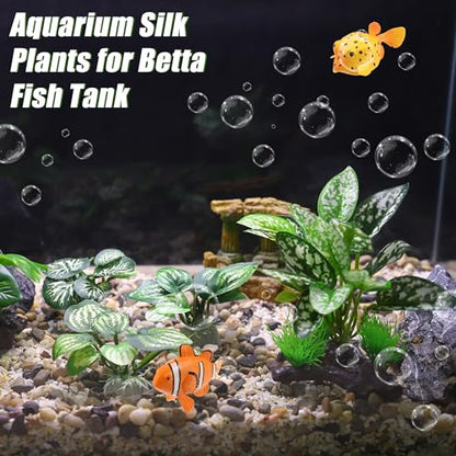 Aquarium Plastic Plants, Driftwood Betta Silk Plants, Silk Plants Aquarium Set Decorations, Silk Aquarium Plants for Betta Fish (Green, 5pcs)