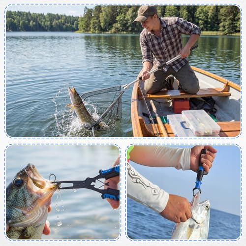 3 Pcs Fishing Tool Kit, Fishing Landing Net with Telescoping Pole Handle, Fish Plier with Sheath, Fish Lip Gripper for Freshwater Extend to 30-56 Inches, Gear Gifts for Men Women
