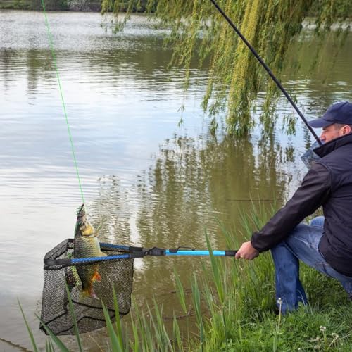 Foldable Fishing Net with Aluminum Alloy Rod EVA Handle Durable 5MM Hexagonal Nano Coating Nylon Mesh Collapsible Landing Net Safe Fish Catching or Releasing