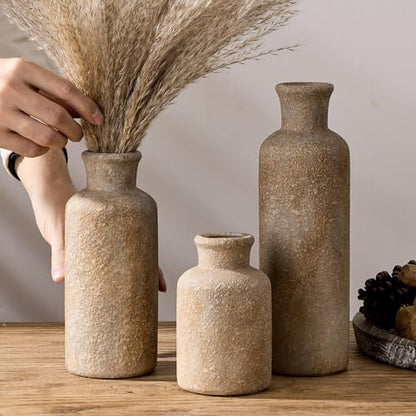 Ceramic Rustic Farmhouse Vase Set of 3,Terracotta Vases for Decor,Antique Vase for Your Bedroom,Office,Living Room,Fireplace,Bookshelf Decor,Housewarming (10+7.5+5 Inch)