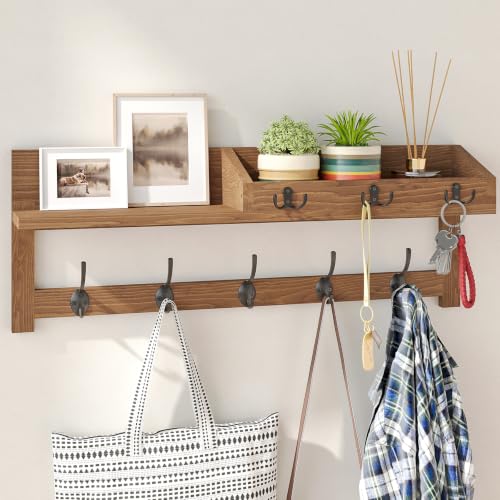 AMBIRD Wall Hooks with Shelf, 26.57 Inch Entryway Wood Coat Hooks for Wall with Shelf, Coat Rack Wall Mount with 5 Dual Hooks 3 Key Hooks Mail Organizer and Key Rack Holder (Brown) - color: Brown, size: 26.57" L