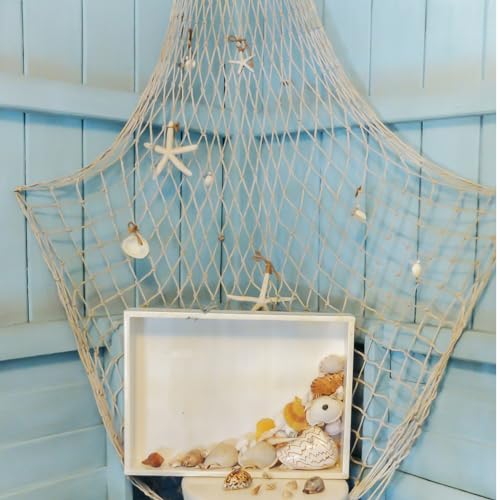 4 Pack Fish Net Decorative 80 x 40 Inch, Natural Cotton Fishing Net Wall Hanging Fishnet Decorations for Mermaid, Pirate, Nautical, Hawaiian, Under The Sea Themed Party Supplies, Beige