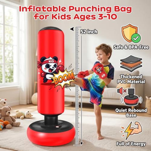 Qoosea Punching Bag for Kids 48in Dinosaur Toys Boxing Bag Set with Gloves - color: Dark Red