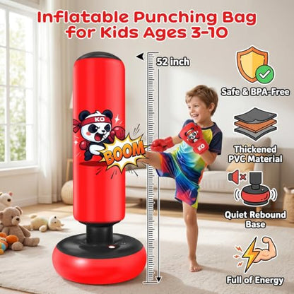 Qoosea Punching Bag for Kids 48in Dinosaur Toys Boxing Bag Set with Gloves - color: Dark Red