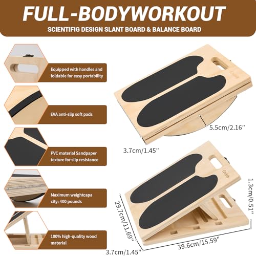 2-in-1 Wooden Slant Board & Balance Board | Adjustable Incline Board for Calf Stretching, Squat Wedge, Ankle Support | Foldable Design | Includes Workout Poster & Resistance Bands