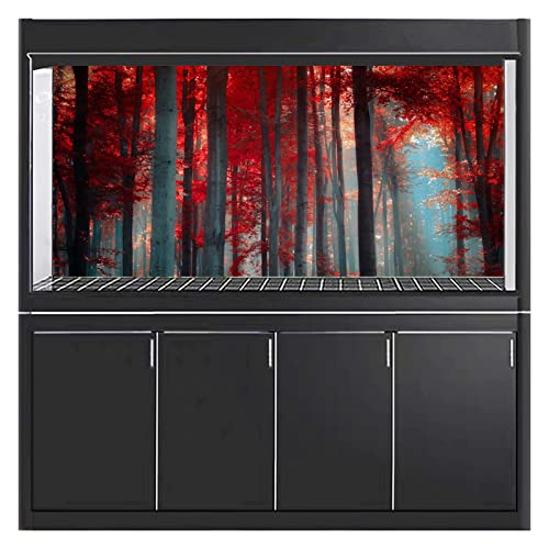 Aquarium Background Poster, Fish Tank Decorations Pictures 3D Effect PVC Adhesive Poster Red Maple Leaf Forest Decor Paper Cling Decals Sticker,122x46 cm