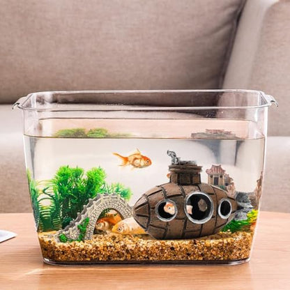 Brown Retro Floating Submarine Ornament for Aquarium - Cute Resin Hovering Decor, Safe Interactive Tank Accessory for Betta, Cichlids, Goldfish, Shrimp, Hermit Crabs