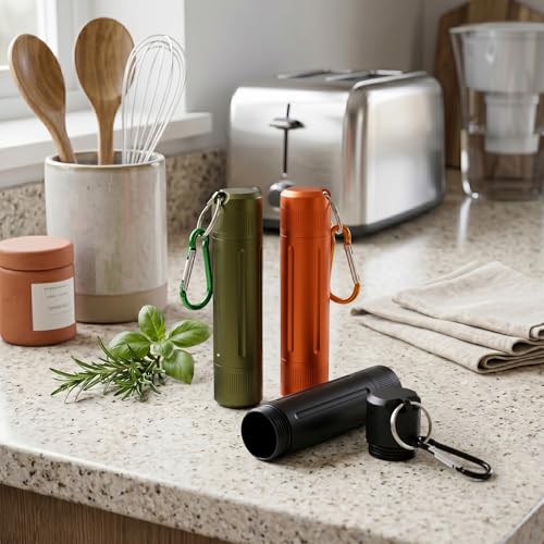 Waterproof Pill Container, Airtight Metal Tube Storage with Dual-Opening Lids, Hooks, Aluminium Smell Proof Keychain Spice Bottle Portable Case for Camp, Travel, Outdoor