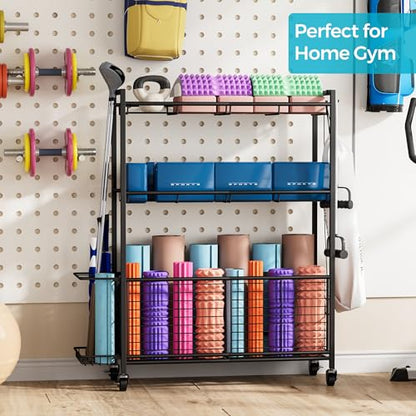 Sports Equipment Storage Rack with Wheels, 3-Tier Ball Organizer - size: 31" Wide