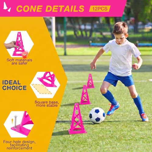 12 Pack Soccer Cones, 9 Inch Agility Cones for Soccer, Football, Basketball, Cones for Sports Training, Speed & Agility Drills, Field Marking Equipment - color: pink