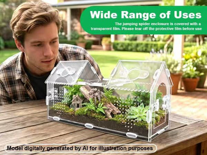 Jumping Spider Enclosure-Large Size Dual Space Tarantula Enclosure,Acrylic Side Door Double Feeding Port Spider Terrarium for Spider,Praying Mantis,Snail,Micro Reptile(12" L*3.6" W*6" H)