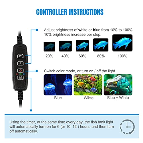 7.5" White & Blue Submersible LED Aquarium Fish Tank Light with Timer/Dimmable Underwater Fish Tank Aquarium LED Lights Fixture for Saltwater Freshwater Fish, Plant Grow, Coral Reef Decorations