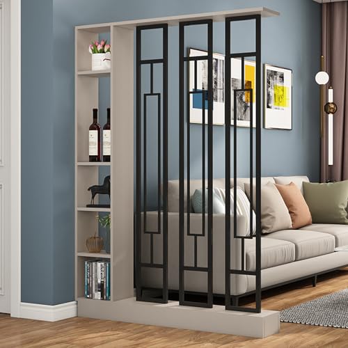 Wall Room Divider, Modern Freestanding Wood Room Divider Screen with Shelf & Cabinet Storage for Living Room,Office, Bedroom (Khaki+Black, 47" L x 9.5" W x 79.5" H)