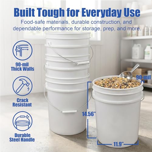 5 Gallon Bucket - Food Grade Bucket with Airtight Gasketed Tear Strip Lid, BPA-Free, Heavy-Duty 90 Mil HDPE Plastic Pail, Bulk Storage, Durable Container, Made in USA - White, 6 Packs - color: White, size: 6 Packs