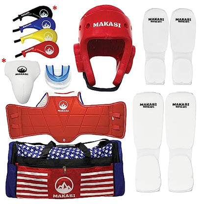 Martial Arts Taekwondo Sparring Gear Equipment Set Headgear Cloth Shin Instep Arm Chest Mouthguard Bag - color: Red