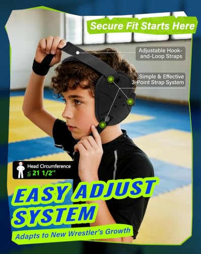 Trymaker Wrestling Headgear, Head Gear for Youth with Chin Cup & Pad - color: Black Headgear & Black Strap