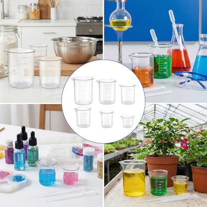 Plastic Beaker Set, 6 Sizes Low Form Measuring Graduated Polypropylene Beakers in 500 ml, 250 ml, 200 ml, 100 ml, 50 ml, 25 ml for Laboratories, Classrooms or Home Use with 6 Plastic Droppers in 3 ml
