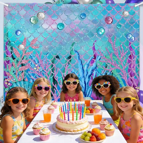 7x5ft Under The Sea Backdrop for Photoshoot Purple Corals Pearls Photography Background Little Mermaid Party Decorations for Girls Photo Shoot Props Cake Table Banner - size: 7x5ft