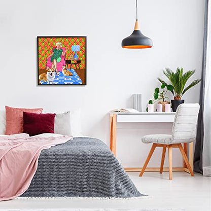 Stupell Industries Modern Queen Corgi Dogs Pineapple Patterned Background, Design by Lynnda Rakos, Black Framed, 24 x 24