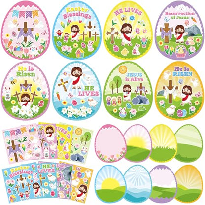 Frienda 48 Sets Easter Religious Crafts for Kids Make an Easter He is Risen Egg Sticker Scenes Resurrection Crafts Stickers for Christian Bible Sunday School Party Favors - style: Easter
