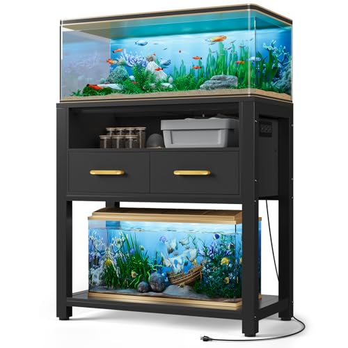 20-29 Gallon Aquarium Stand with Stable Metal Frame & Power Outlet, Heavy-Duty Fish Tank Stand with Waterproof Mat, 550LBS Capacity Storage Cabinet, Black