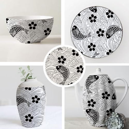 SUPERDANT 4PCS Fish Flowers Underglaze Paper Transfer Blossoms Transfer Paper for Clay Ceramic Porcelain Under Glaze Transfers for Pottery Enamel Decals Black Underglaze Decal Papers - style: Fish and Flower