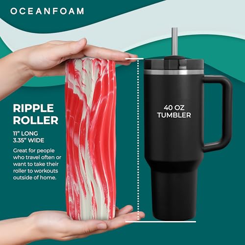 Oceanfoam Ripple Travel Foam Roller (11" x 3.35") Firm Mini Foam Roller for Physical Therapy, Deep Tissue Massage, Back Pain - High Density, Ergonomic Wave Textured - Yoga, Exercise (Red Marbled) - color: Red Marbled